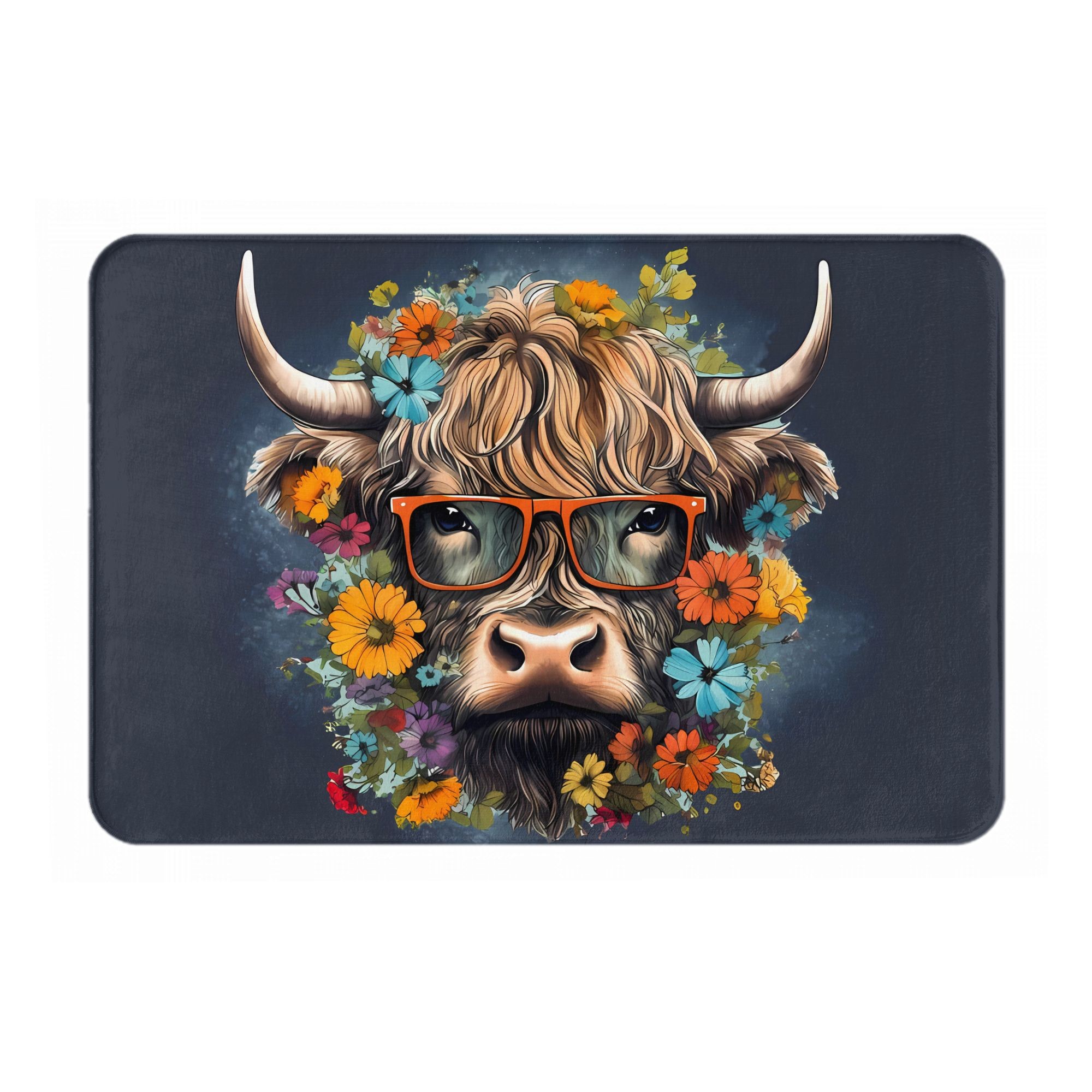 Highland Home Textiles - Hooglandkoe met bril, bloemenprint, deurmat, antislip