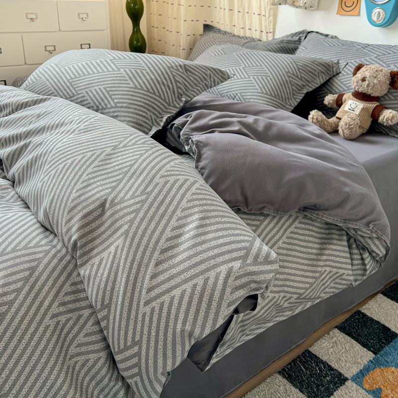 Linen Duvet Cover - 4-delige grijze geometrische beddengoedset moderne chevron