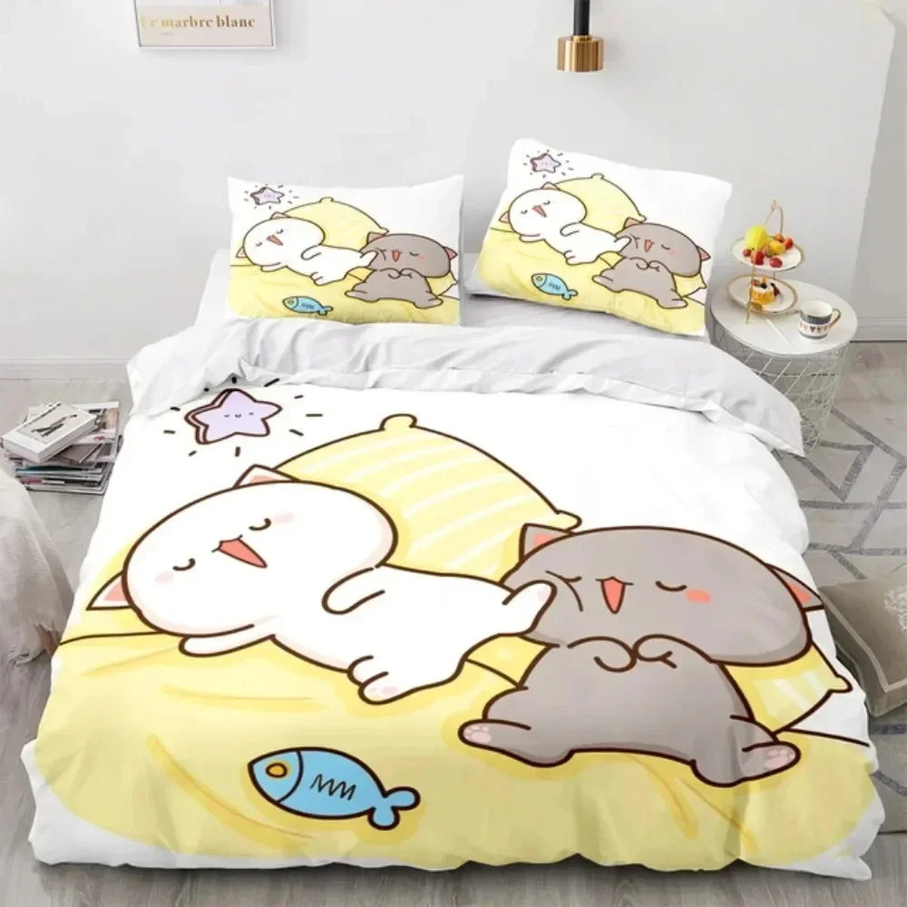 Linen Duvet Cover - 3D Cartoon Schattige Perzik Kat Geïmprimeerde