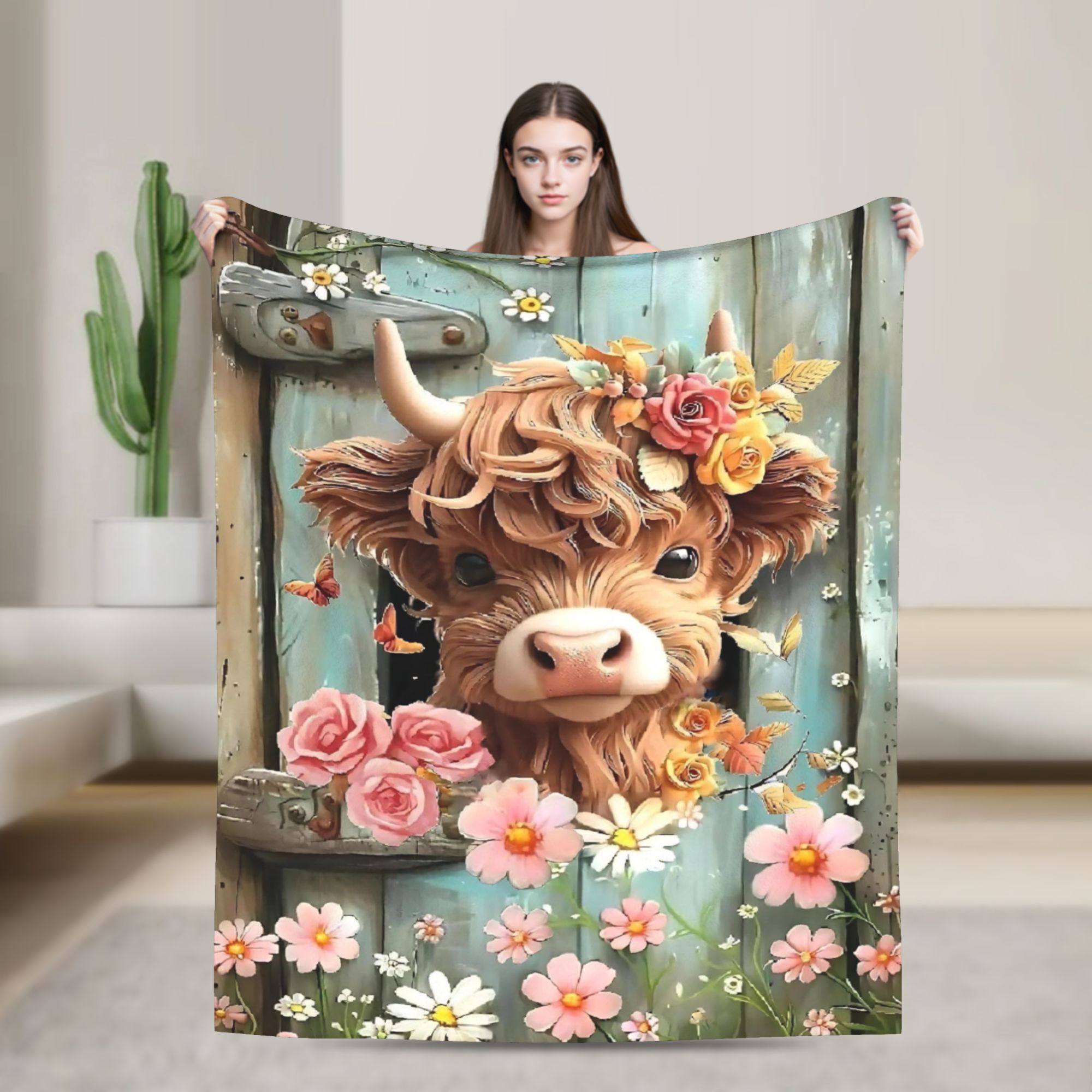 Highland Home Textiles - Highland Cow Boho Bloemendekens Fluweel Textiel