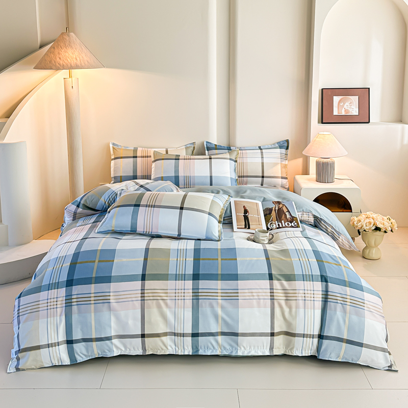 Linen Duvet Cover - 4-delige blauwe geruite beddengoedset moderne geometrische