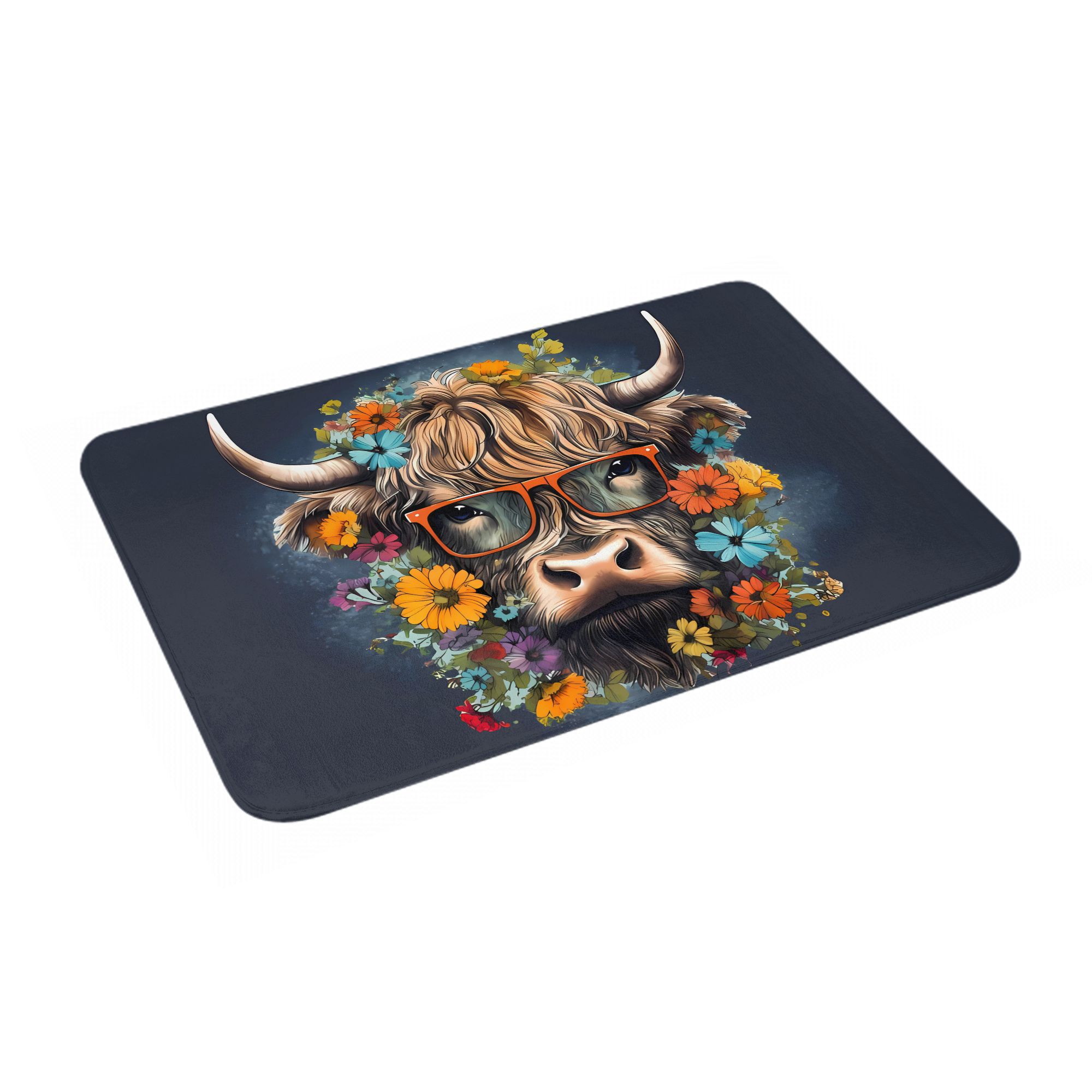 Hooglandkoe met bril, bloemenp - Highland Home Textiles recensie en prijs